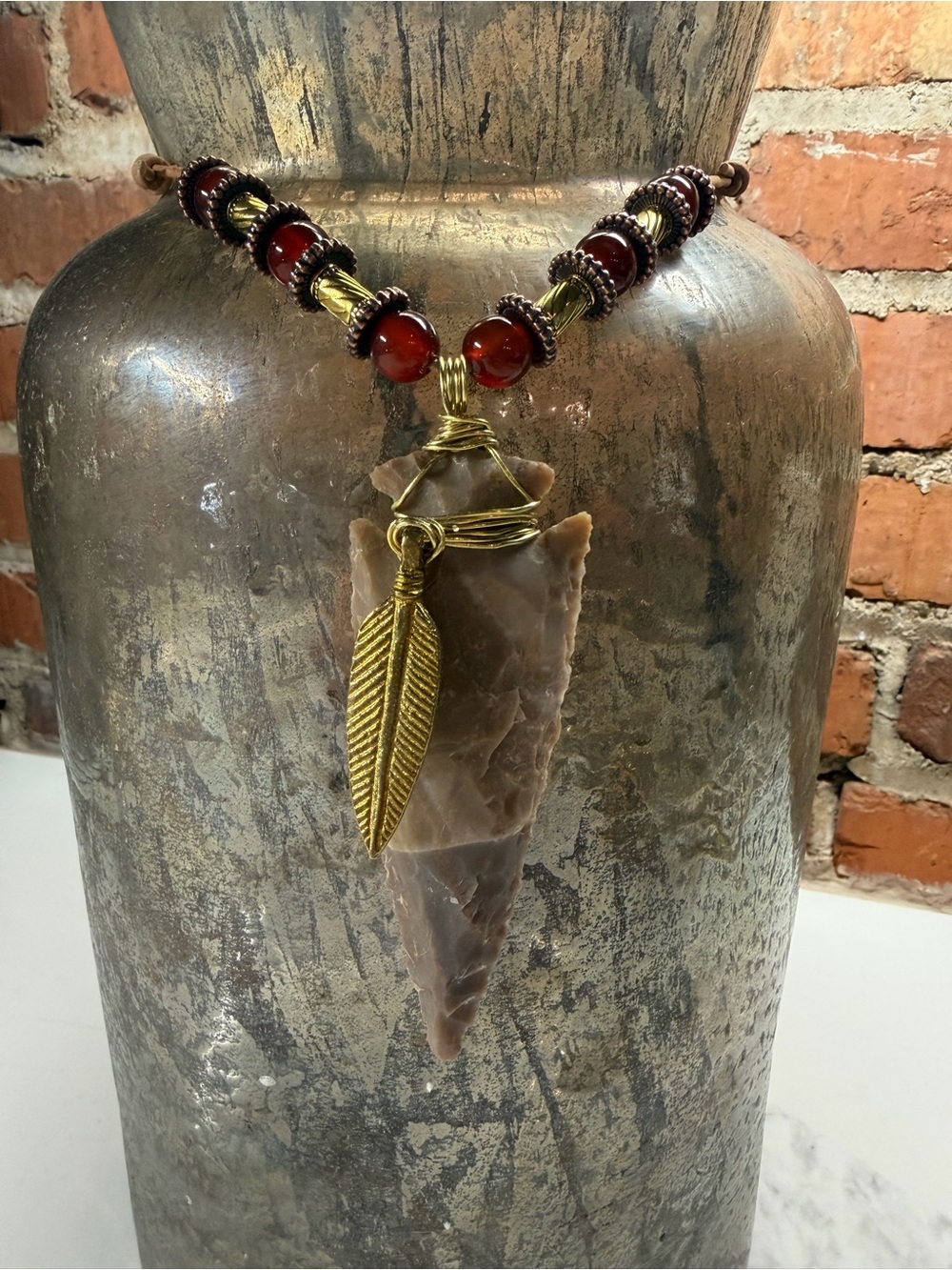 Gold-Tone Leaf & Agate Arrowhead Necklace in Brown and Red